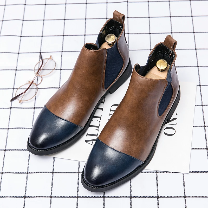 

2021 British Style Chelsea Boots Men Winter Shoes Man Casual Fashion Men Ankle Boots Male Leather Footwear Blue Large Size 38-48