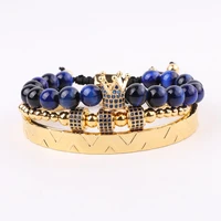 new design high quality 316l stainless steel bangle cz pave crown charms bracelet set men jewelry gift