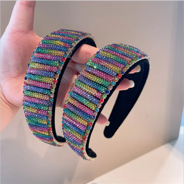 

Women Retro style rainbow rhinestone outer starting hoop wide version hairbands