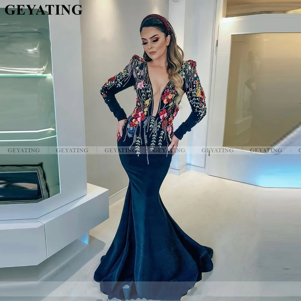 Арабское темно-синее бархатное вечернее платье русалки с длинным рукавом