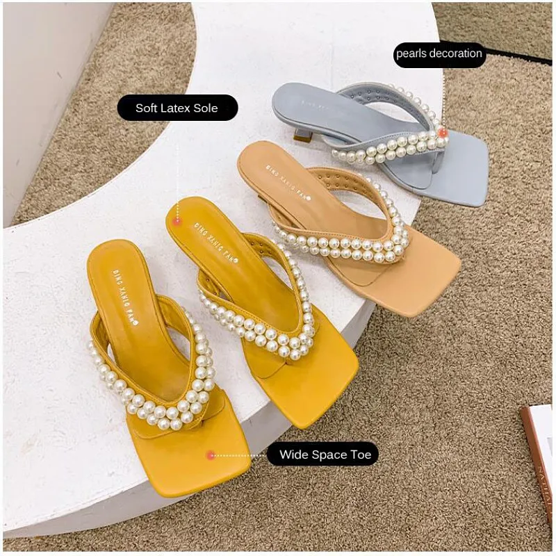 

SLHJC 2021 Summer Sandals Ankle Strap Sweet Pearls Slides Med Thin Heel Leather Sandals Women Fashion Summer Shoes