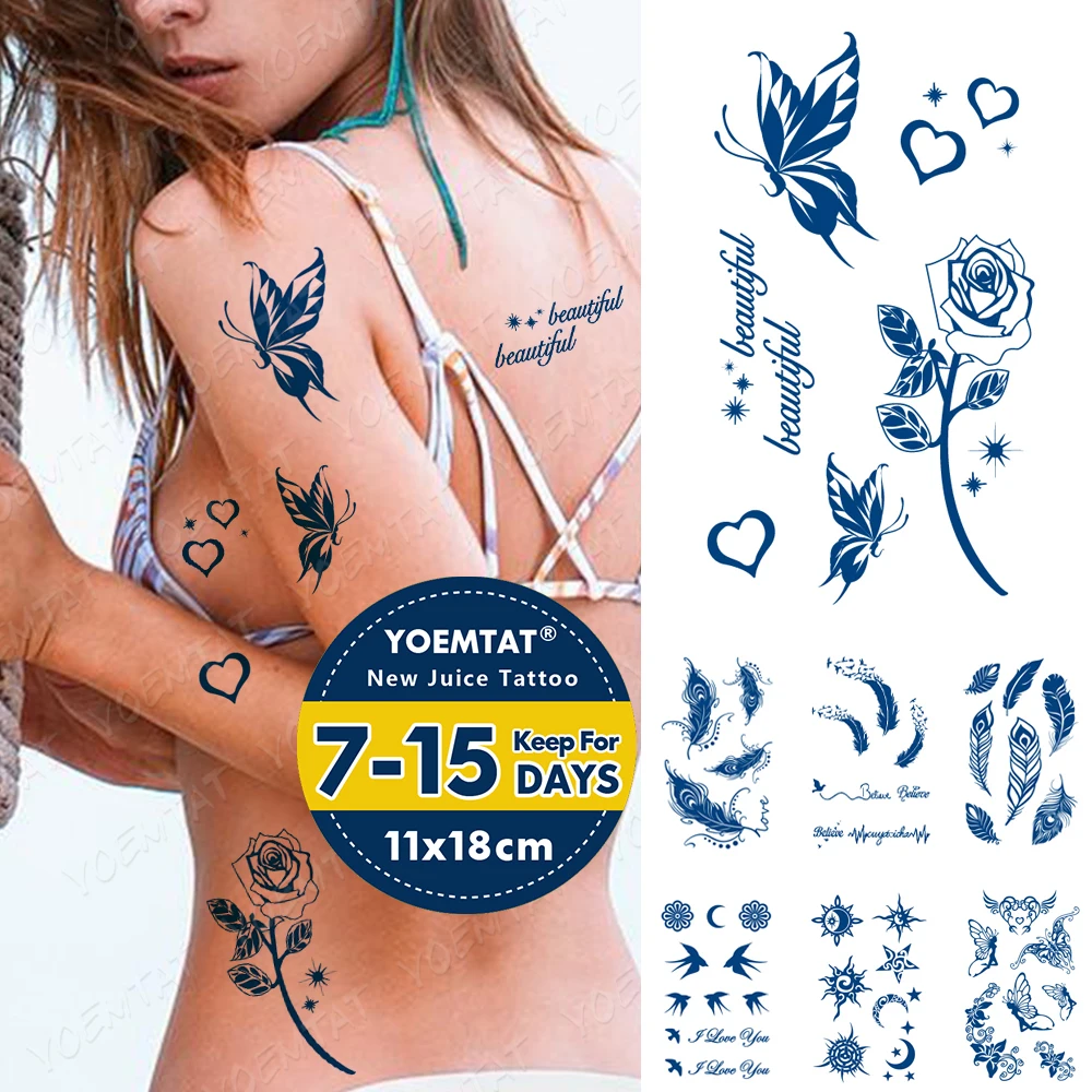 

Juice Waterproof Temporary Tattoo Sticker Butterfly Rose Feather English Letter Flash Full Tattoos Sexy Back Body Art Fake Tatto
