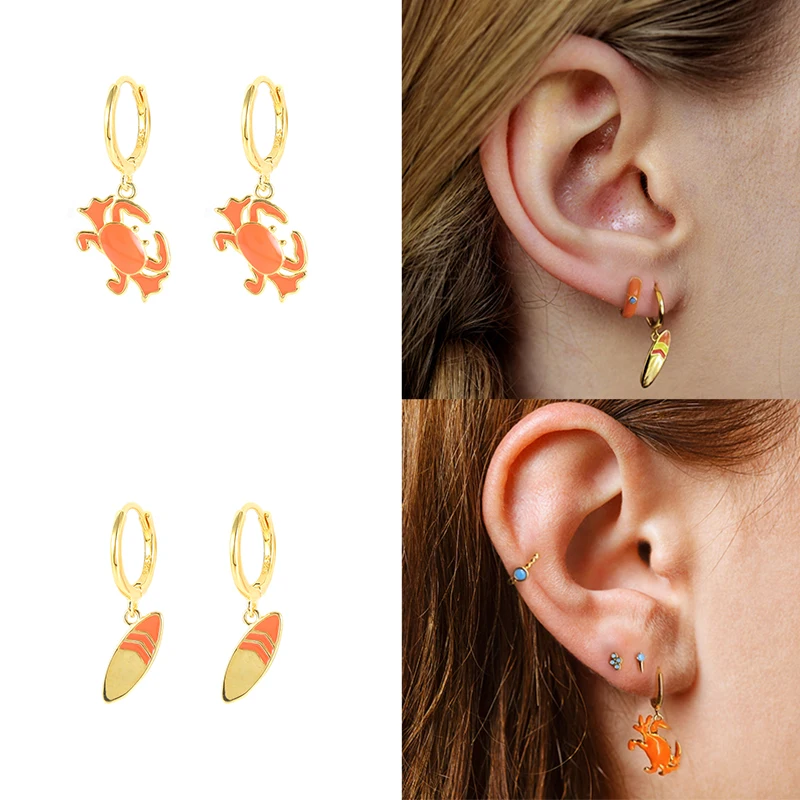 

Ocean Style Enamel Hoop Earrings for Women 925 Sterling Silver Crab Life-saving Circle Octopus Surfboard Earrings Jewelry Luxury