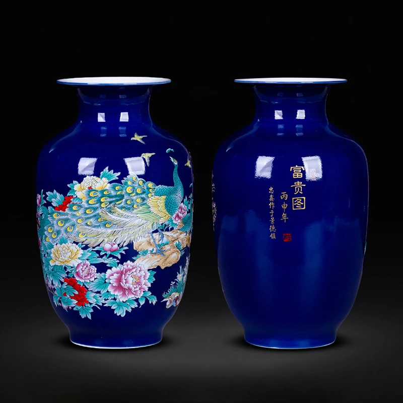 

New Arrival Modern Ceramic Flower Vase Glaze Blue Peony flower Lotus Peacock Handpaint Porcelain Tabletop Vase