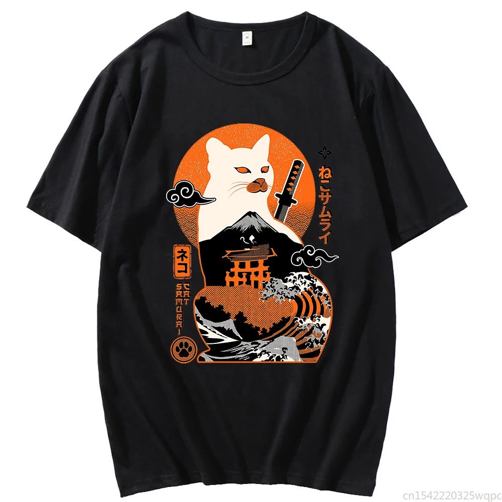 

Cool White Samurai Cat Black and White Tshirt Men and Women The Same Casual Daily Short-sleeved Top