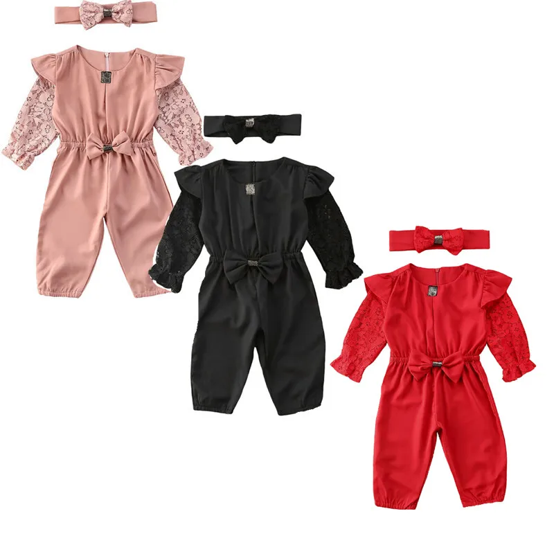 

2020 Summer Fashion Toddler Baby Girls Rompers Headband Lace Ruffles Long Sleeve Floral Overalls Clothes 0-5Y