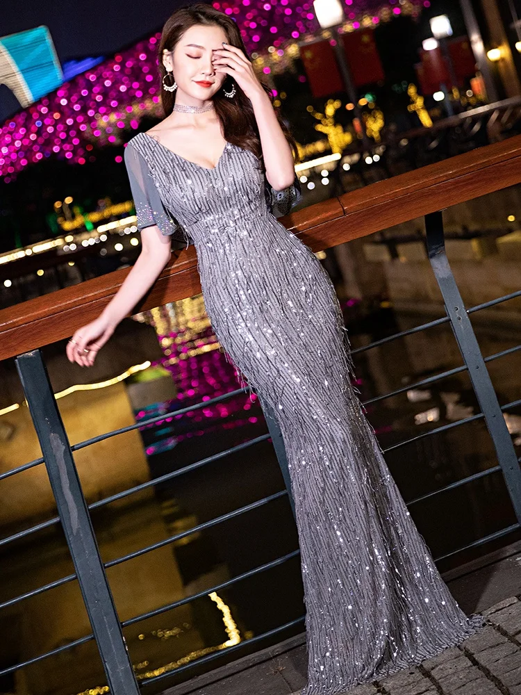 

Silver Gray Polyester Silk Evening Dress 2020 Queen Annual Conference Sequin Dresses Prom Long Mermaid Gown Vestidos De Gala