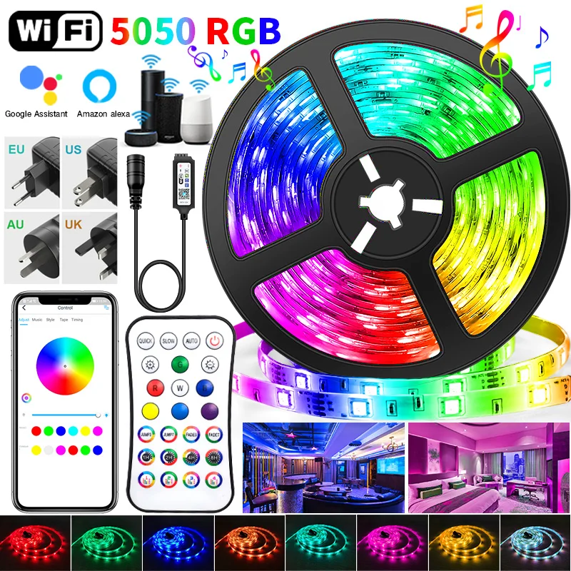 

Рождественская светодиодная ленсветильник с Wi-Fi, s, RGB, светодиодная лампа 5050 SMD, гибкая, 20 м, 25 м, Диодная, DC, Wi-Fi управление + адаптер, товары для...