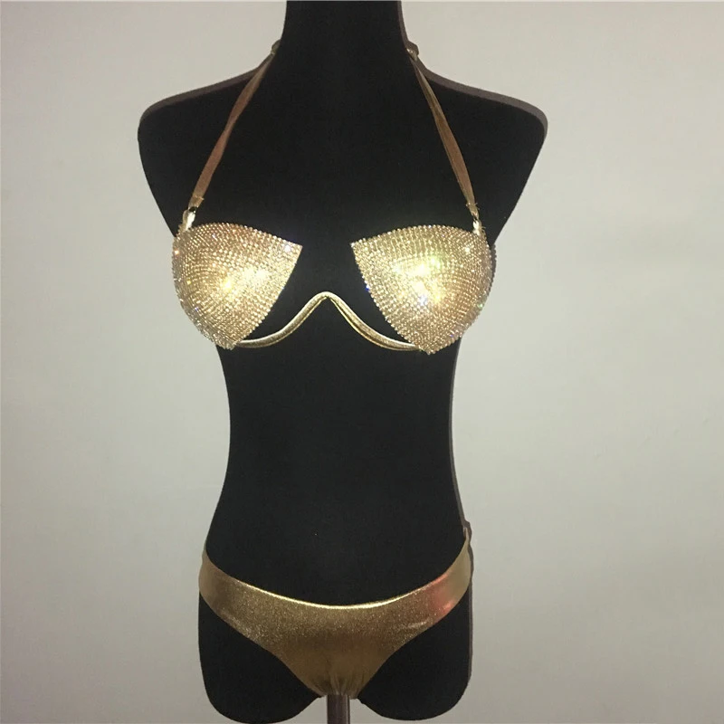 Купальник из 3 частей с блестящими кристаллами и бриллиантами бюстгальтер пуш ап