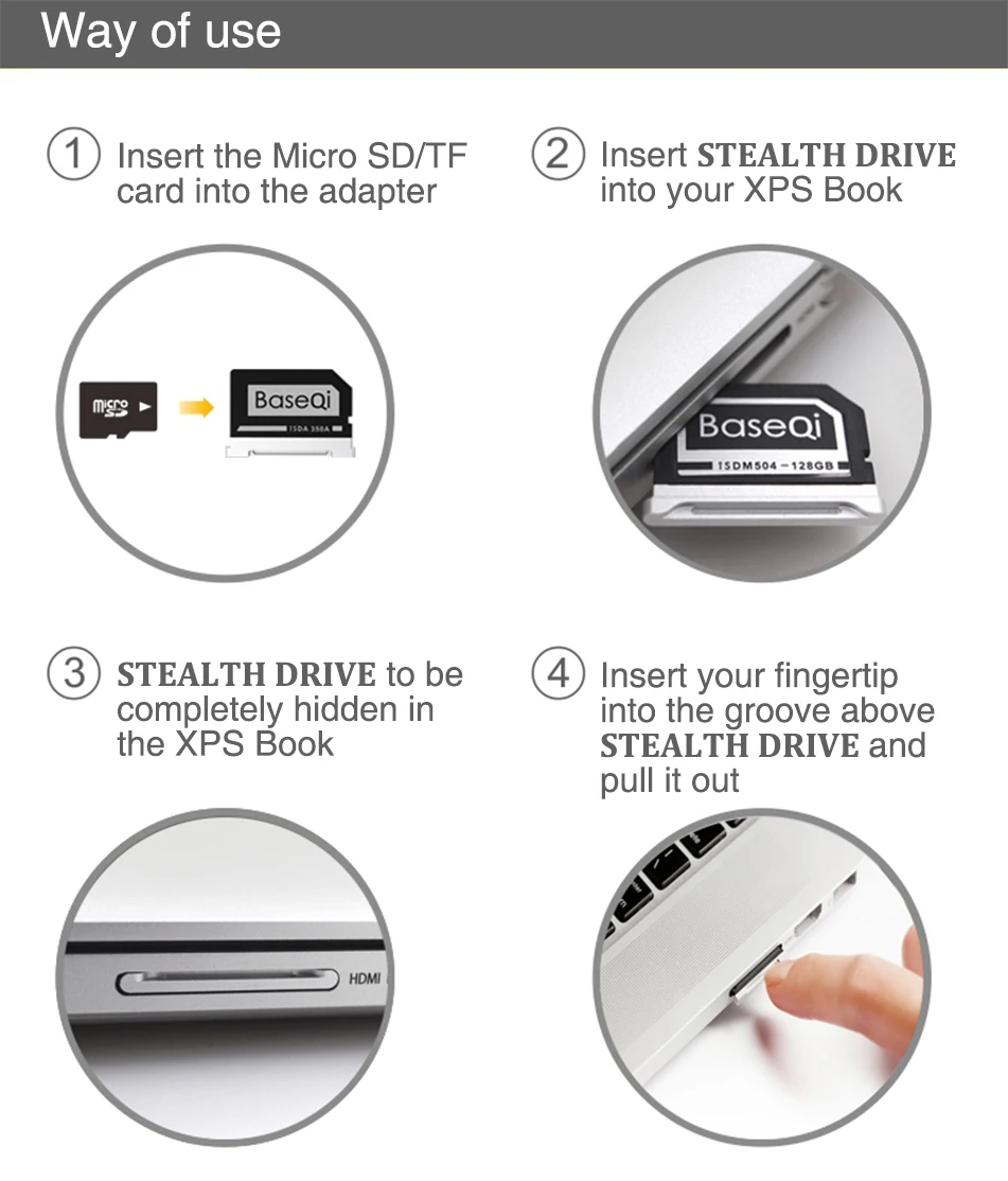 BaseQi алюминиевый стелс-накопитель Micro SD/TF карта адаптер расширения памяти SD кардридер для Dell XPS 1" и Dell XPS 15"
