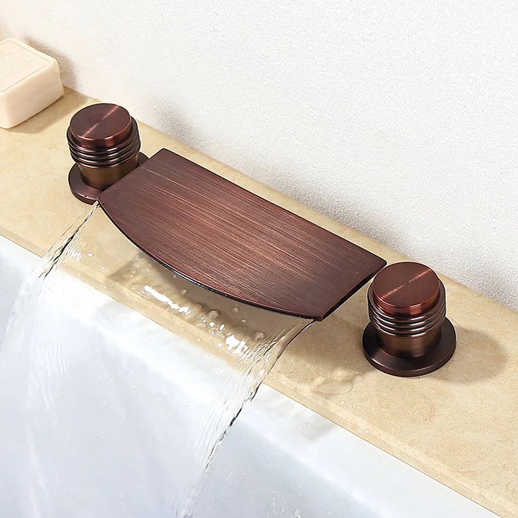 

Бесплатная доставка масло протертая Бронза Ванная комната Водопад кран смеситель для ванны кольцевые ручки три широкий с отверстиями Смес...