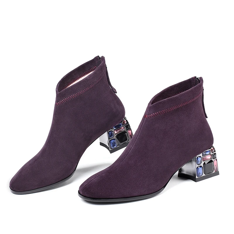 ISNOM высокие ботинки на каблуках с кристаллами женские ботильоны обувь квадратным