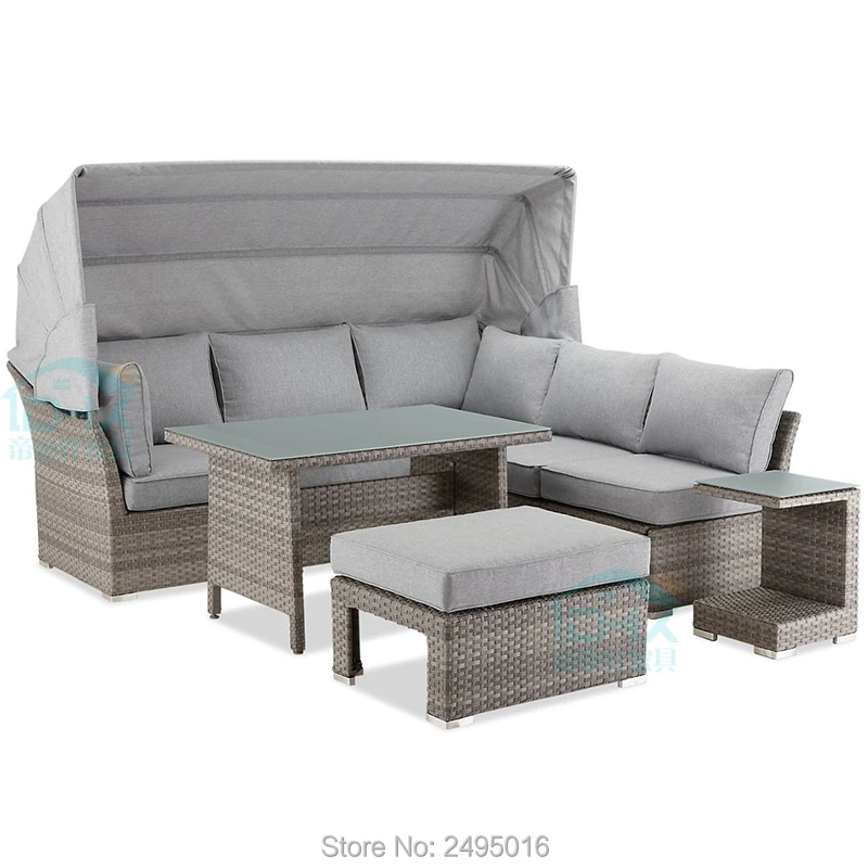 

6pcs Outdoor PE Rattan Sofa set Patio Sectional Wicker leisure Set with cushion, Tea Table fabric canopy couch bed for poolside