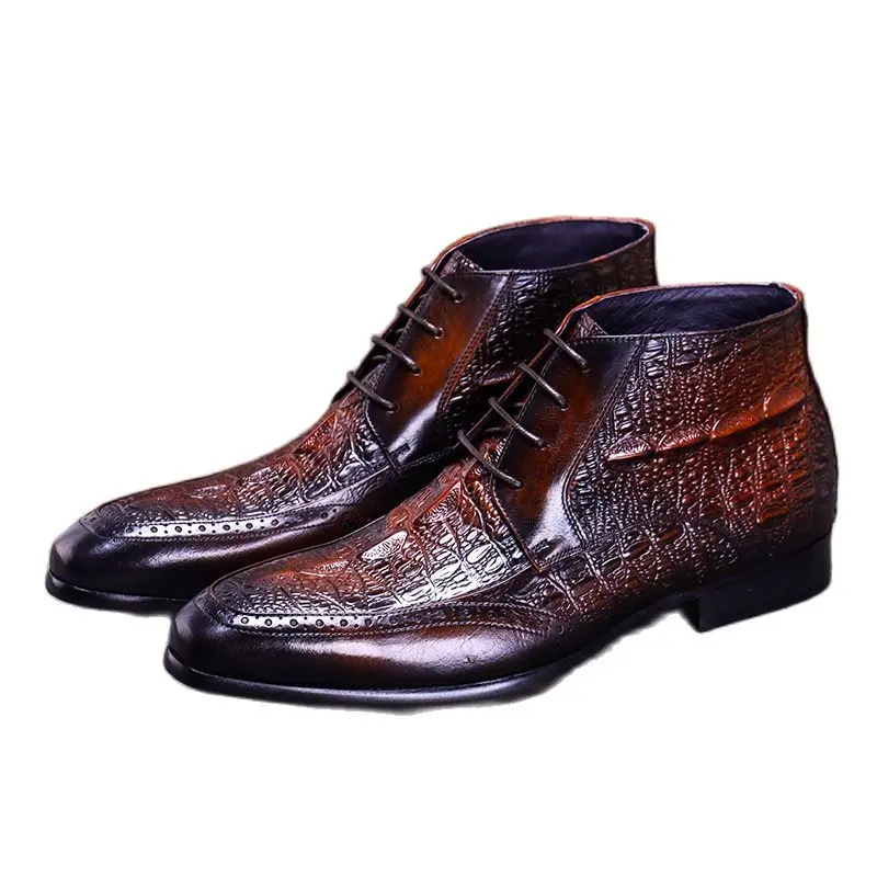 Мужские ботинки на плоской подошве черные до бедра с круглым носком из воловьей