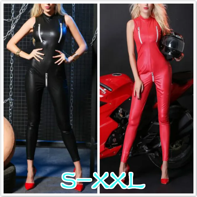 Пикантное нижнее белье комбинезон из лакированной кожи на молнии с открытой