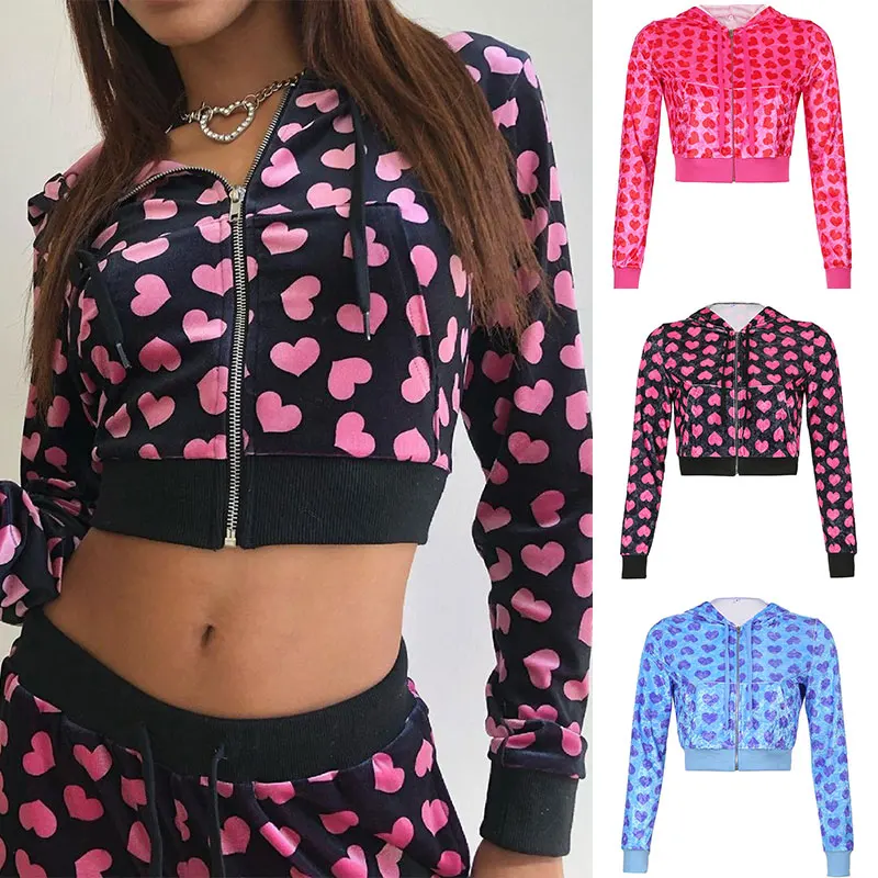 

Women Fashion Heart Printed Pink Hoodies Zipper Velvet Cropped Sweatshirt Spring/Autumn New Basic Casual All-Match Jacket