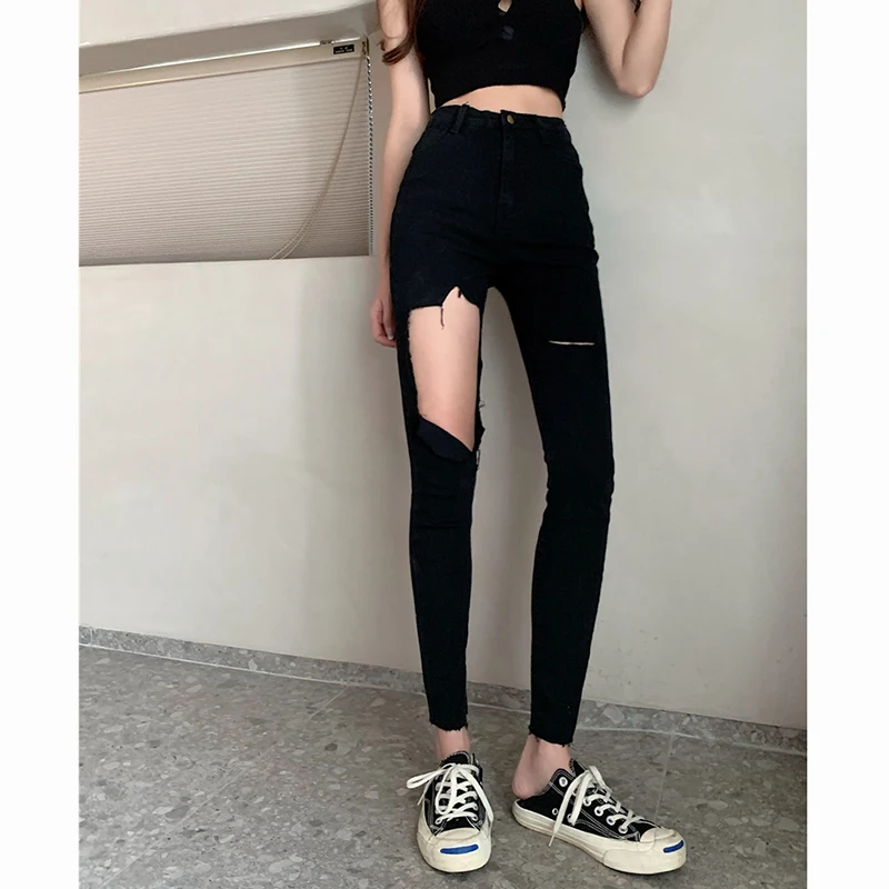 

2021 New Black Ripped Jeans For Women Fashion High Waist Denim Pencil Pants Stretch Slim Skinny Trousers Chic Holes Jeans S-L