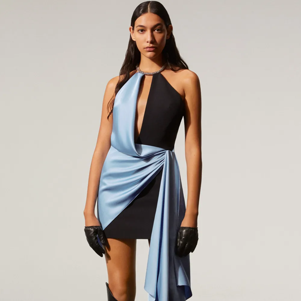 

Women Summer Sexy Key Hole Backless Halter Patchwork Mini Bodycon Bandage Dress 2021 Elegant Evening Party Dress Female Vestidos