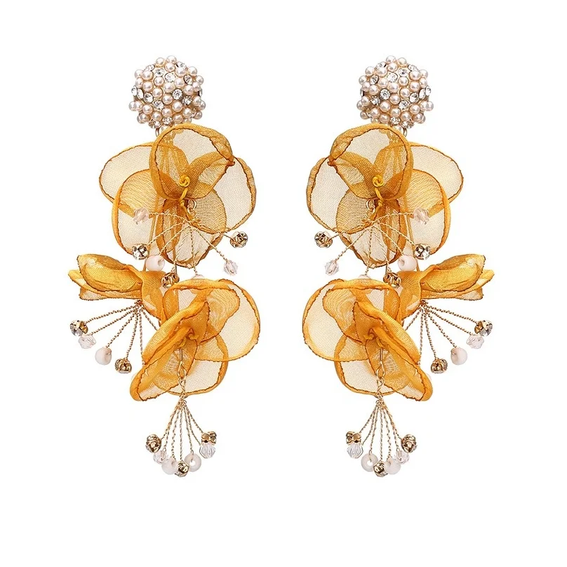 

Za Exaggerated Handmade Fabric Flower Earring Personality Pearl Earrings