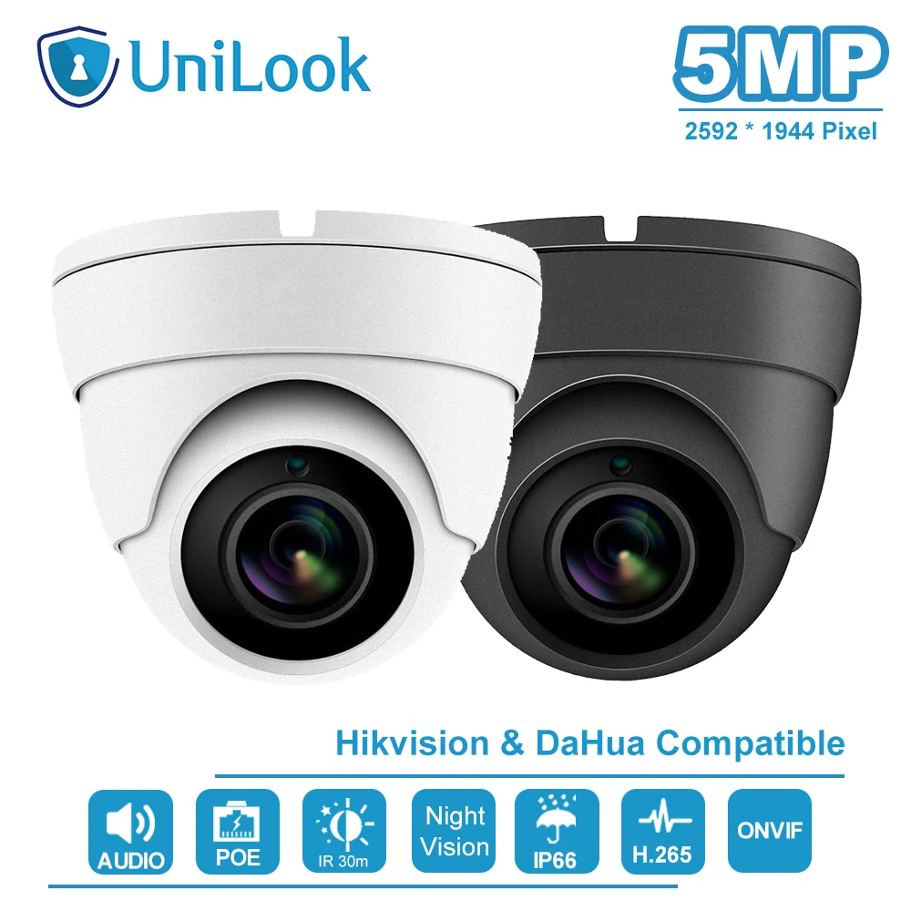 UniLook(Hikvision совместимый) 5 Мп купольная POE ip-камера с аудио домашней/наружной безопасности ночного видения IR 30 м IP66 ONVIF H.265