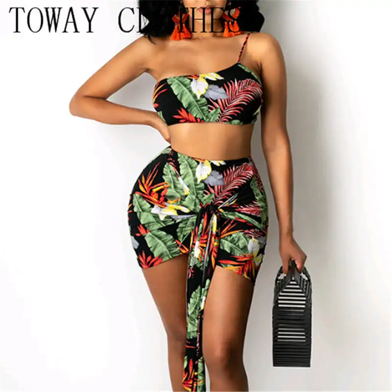 

Summer Women Tropical Print One Shoulder Crop Top & Knotted Skirt Set