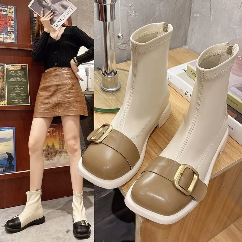 

Socks Boots Women's 2021 New Autumn and Winter Martin Boots Short Boots Thick Heel Retro Square Head Belt Buckle Women's Shoes