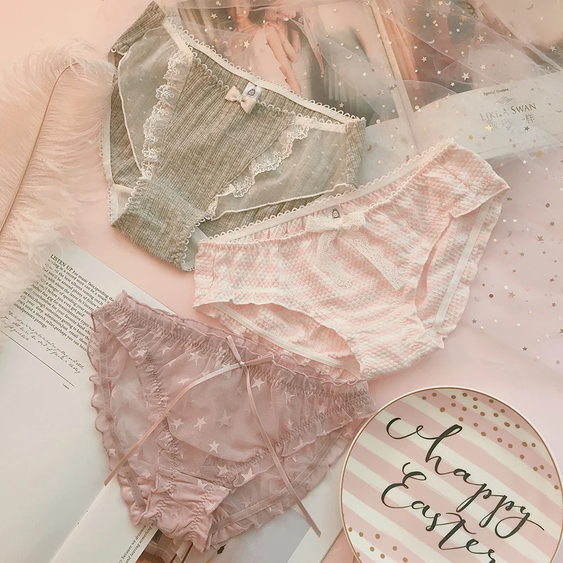 3 шт. милые Лолиты Kawaii сексуальные Мягкие сетчатые пряжа средней талии кружевные трусики милое нижнее белье принцессы хлопковые трусики с рюшами
