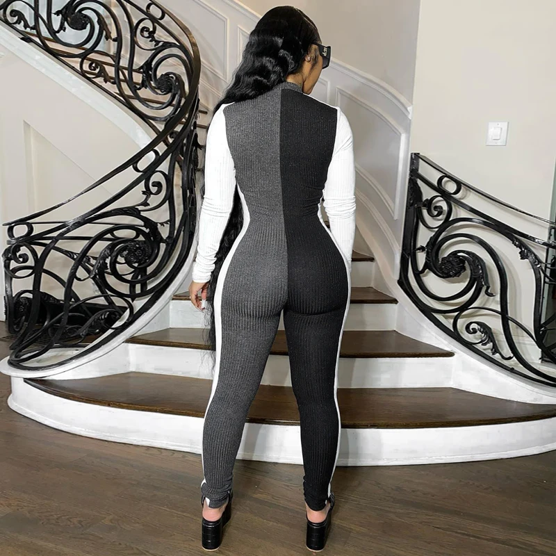 

Zoctuo Patchwork Color Casual Jumpsuits for Women Long Sleeve Zip Up Sexy Jumpsuit Autumn Women Fashion Streetwear Rompers