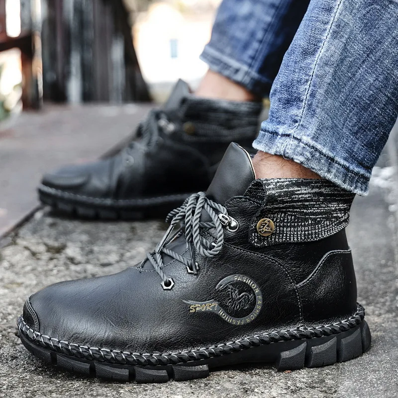 

2021 plus size autumn and winter riding boots men's lace-up leather tooling shoes trend high-top men's shoes big toe shoes