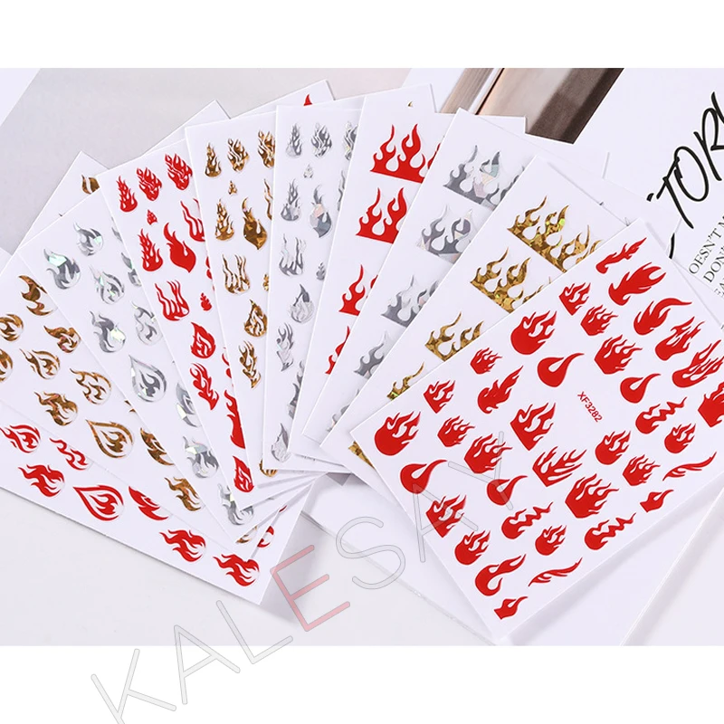 

DIY 5 Pcs/lot Laser Gold Flame Fire Nails Sticker for Manicure Decoration Self Adhesive Nail Art Decal Fire Design Sticker Foil