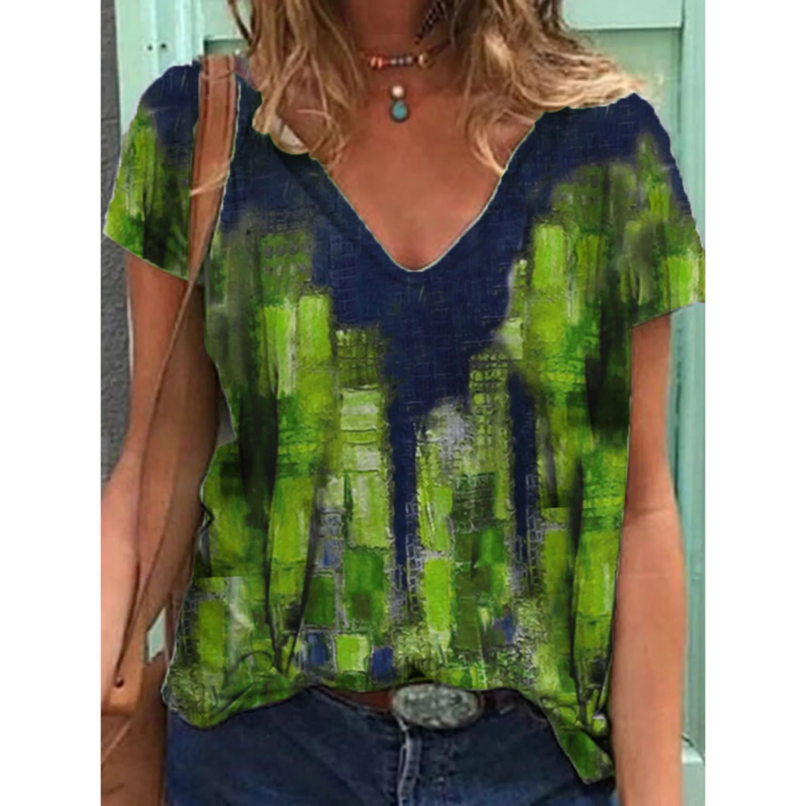 

2021 Fashion V-neck Women's Summer Pullover Tops Casual Print Short Sleeve T-shirt Loose Large Size Blouses camisetas de mujer