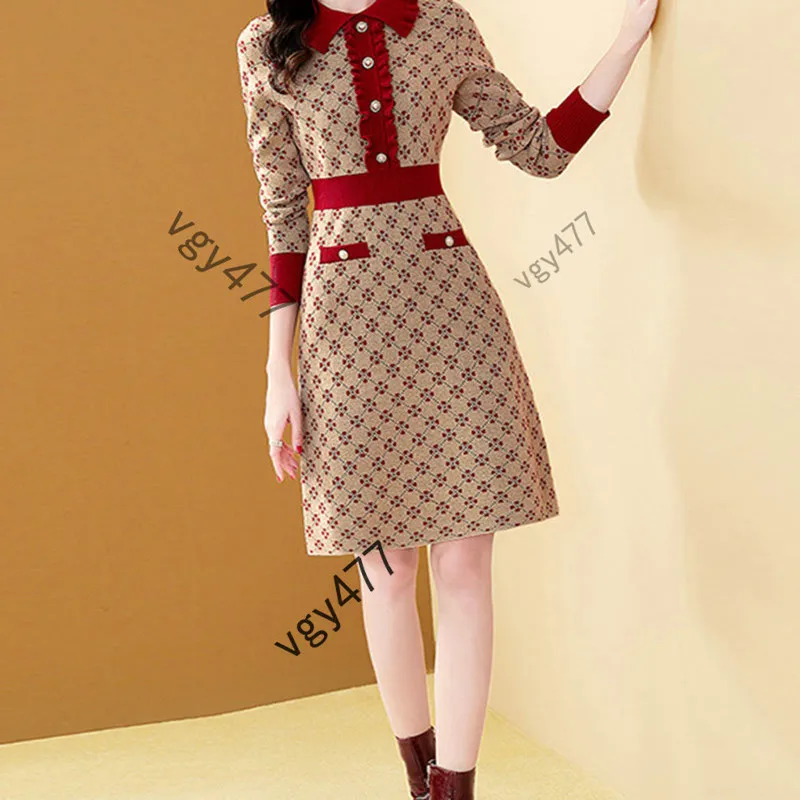 

2021 Spring and Autumn New Fashion Lapel Color Matching Printing Knee-length High Waist Slim Casual Dress Women's Clothing