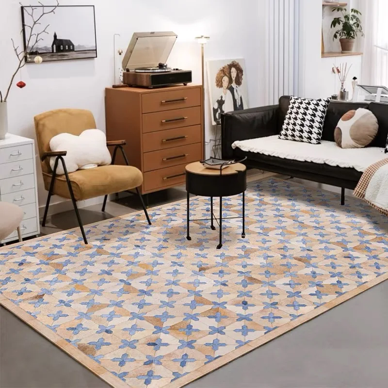 

Modern Beige Cowhide Patchwork Rug With Blue Khaki Decor Home Floor Carpet Real Leather Brazil Cow Fur Hair Handmade HF-15