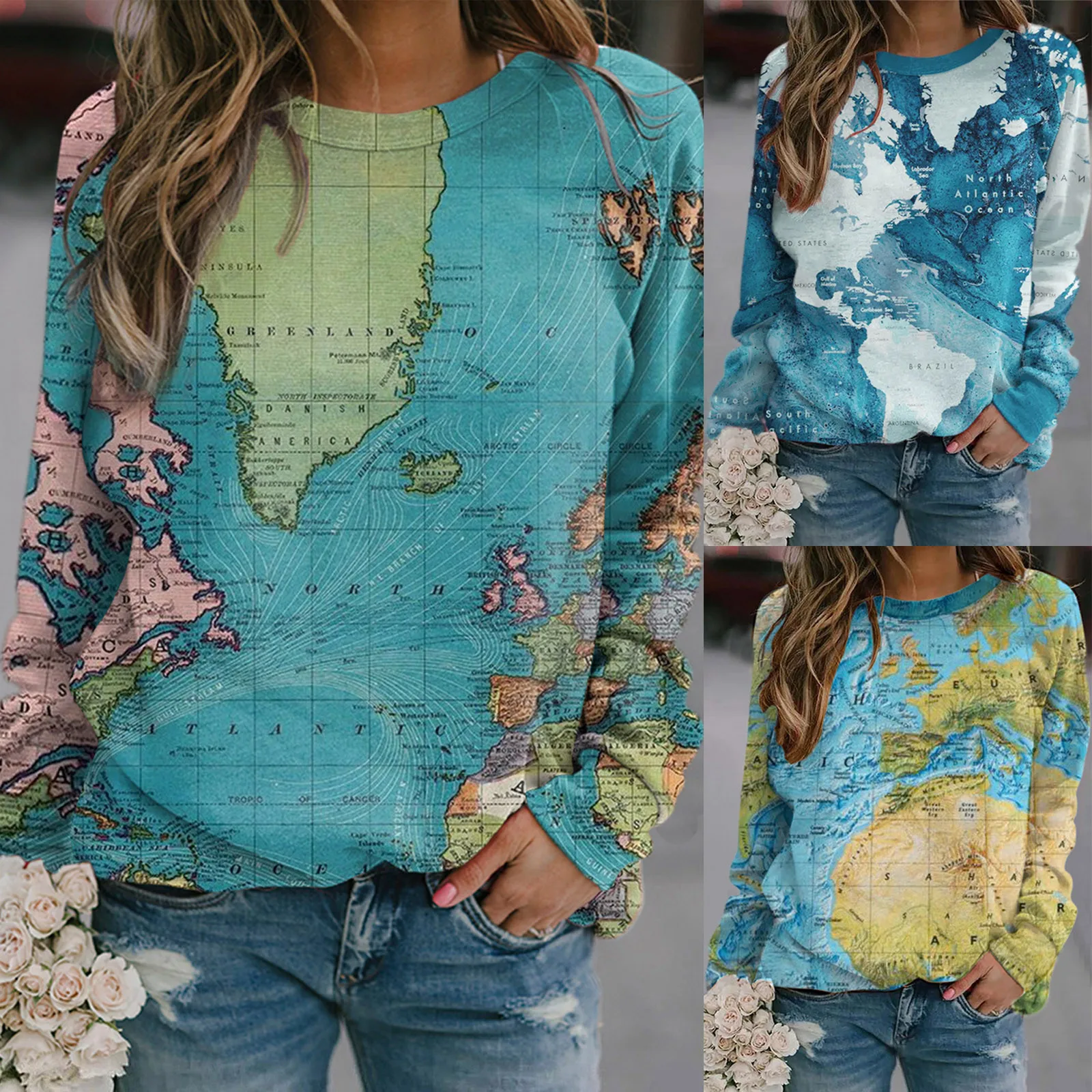 Женские толстовки с принтом карты мира винтажный свитшот круглым вырезом и