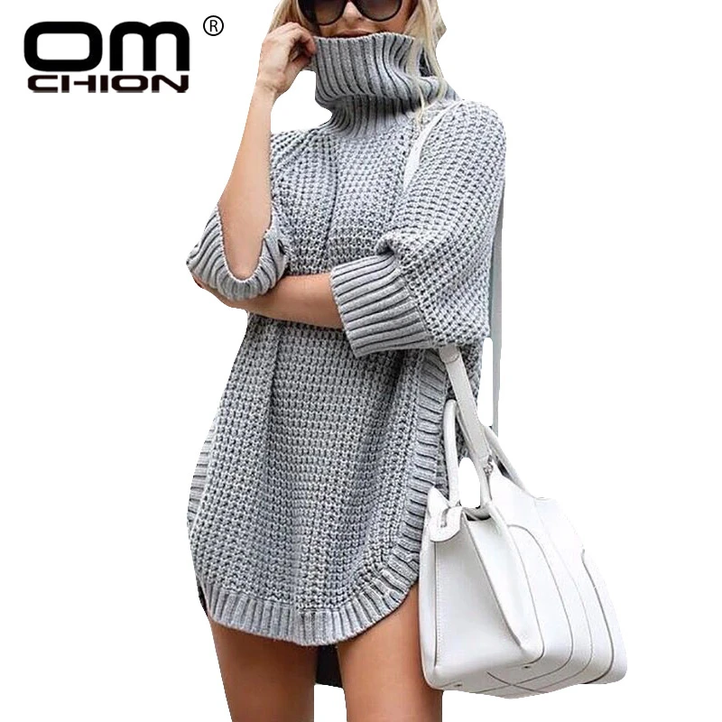 

OMCHION Sueter Mujer 2021 Осень Зима Водолазка рукав до локтя вязаный свитер Женский разрез сексуальный плащ корейские пуловеры LMY192
