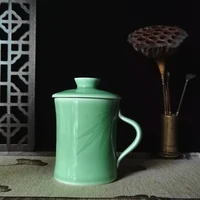coffee mug cup with lid 12oz teacup intaglio bamboo leaf ceramic drinkware porcelain tableware microwave and dishwasher safe