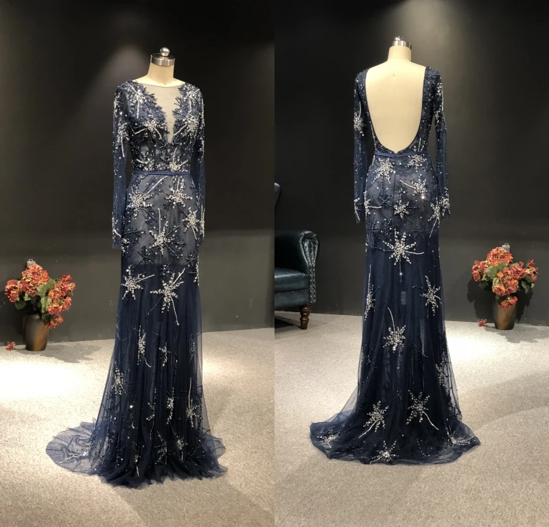

Реальный образец товара 2021, темно-синие тяжелые бусины, длинные рукава, Глубокий V-образный вырез, Русалка, длина до пола, вечерние платья для...