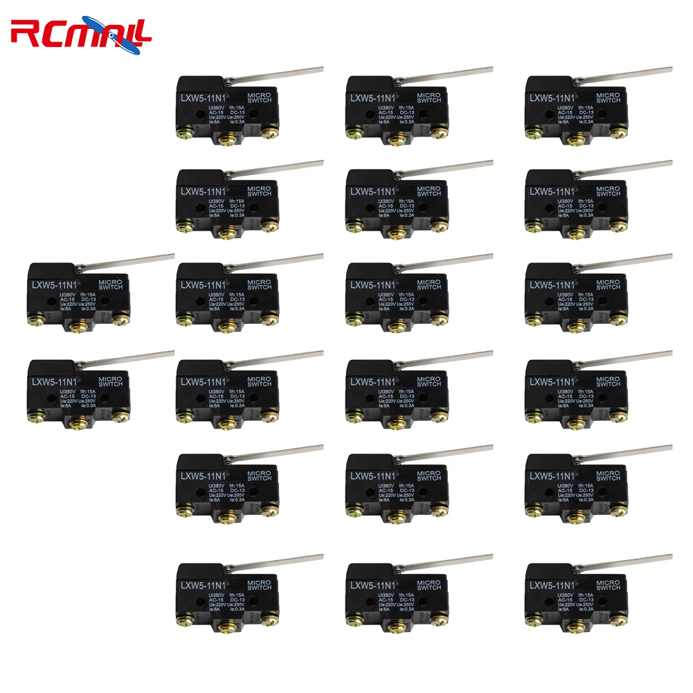 

RCmall 20Pcs LXW5-11N1 Micro Limit Switch 1NO + 1NC Long Hinge Lever Arm SPDT Snap Action Travel Switch