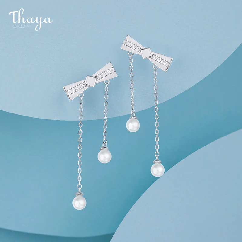 

Thaya Original Design Bowknot Tassels Earring Stud White Crystal Silver Plated Silve Pin For Women Fine Jewelry Christmas Gift