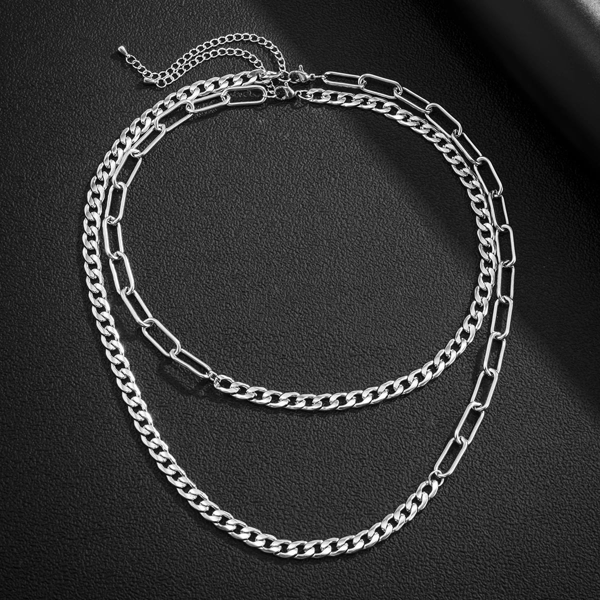 

KunJoe 2021 Trendy Stainless Steel Double Layer Long Chain Necklace Minimalist PunK Chain Necklace for Women Men Gothic Jewelry