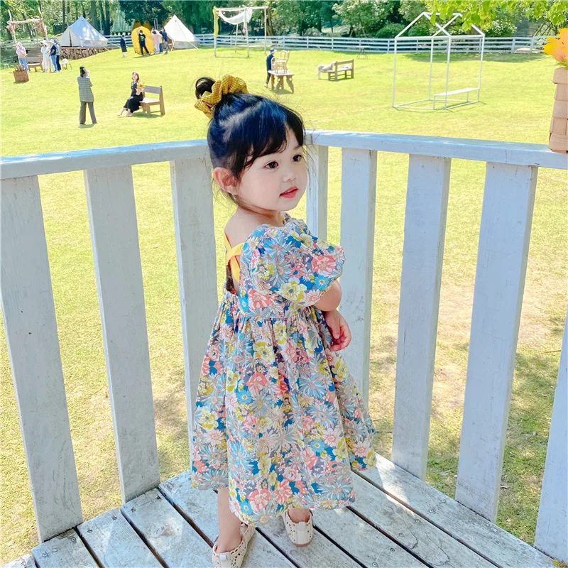 

Girls' Summer Clothes New Pure Cotton Retro Floral Children' Short Sleeve Yellow Belt Cross Open Back Floral Dress