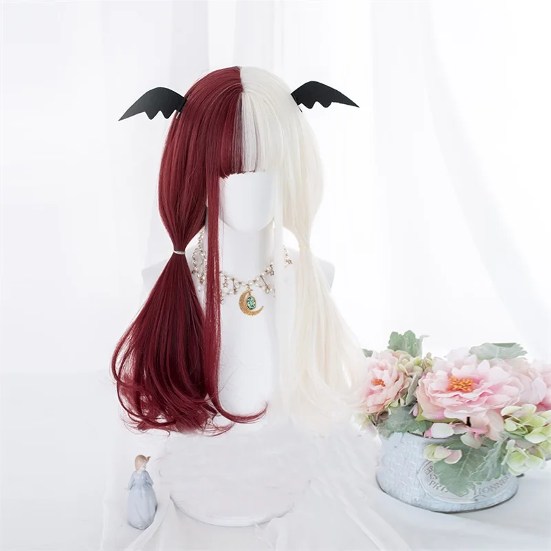 

CosplayMix Half Red Mixed White Bob Ombre 65CM/40CM Long Straight Wavy Bangs Cute Synthetic Halloween Cosplay Wig+Cap