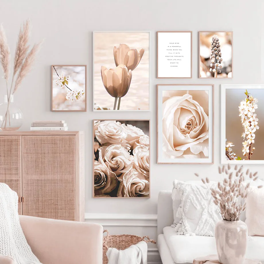 

Tulip Rose Cherry Hyacinth Blossom Nordic Posters and Prints Champagne Flowers Plants Wall Art Canvas Painting Pictures for Home