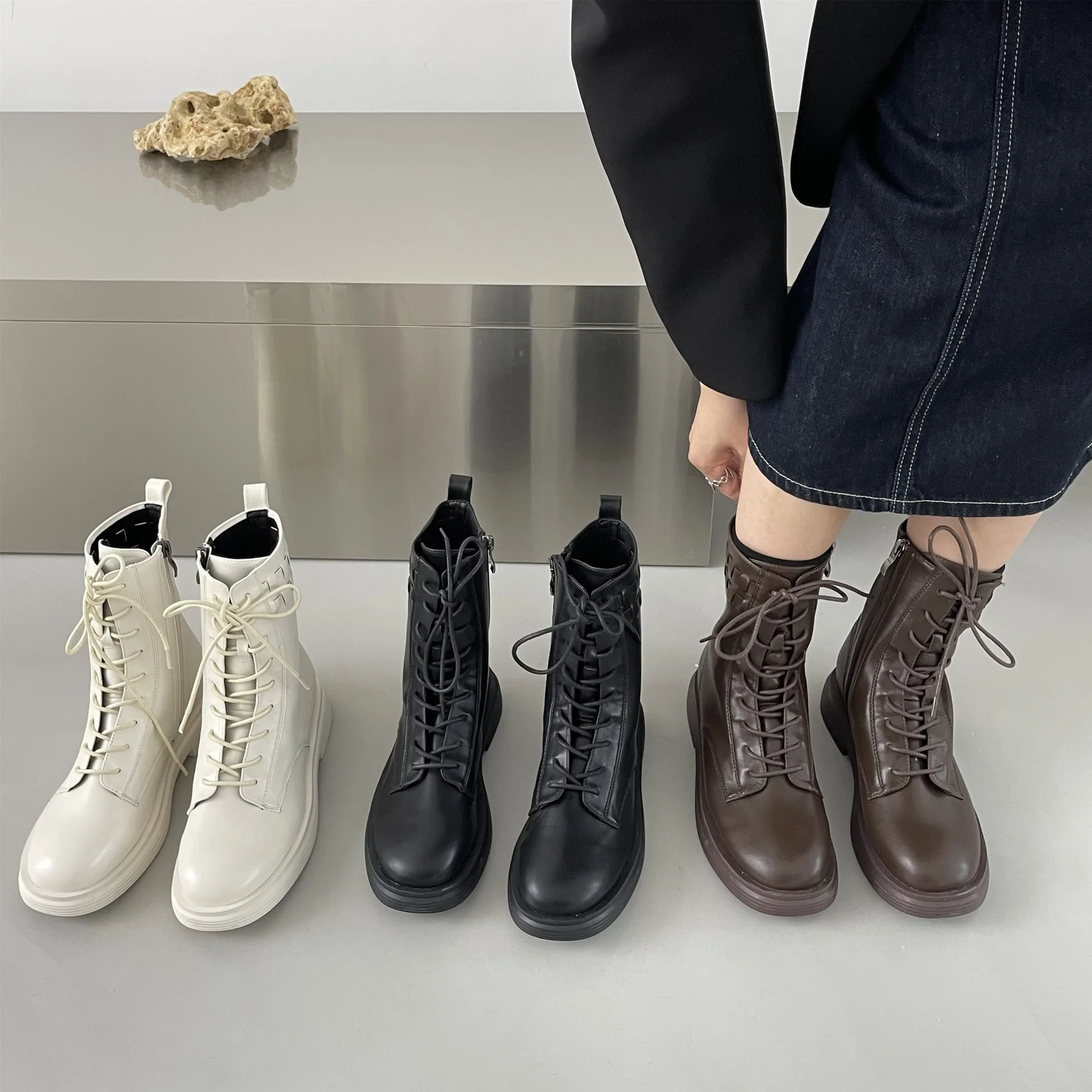 

Shoes Round Toe Women's Mid Calf Boots Winter Footwear Boots-Women Zipper Ladies Rock 2021 Lolita Low Autumn Rubber Mid-Calf So