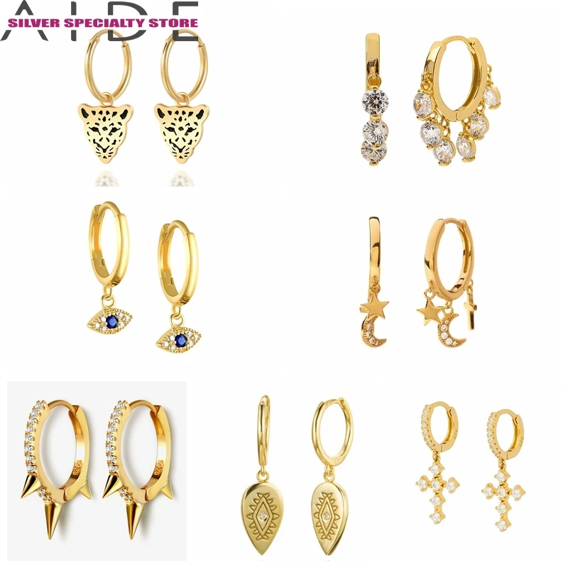 

Женские серебряные серьги-кольца с цирконом, золотистого цвета