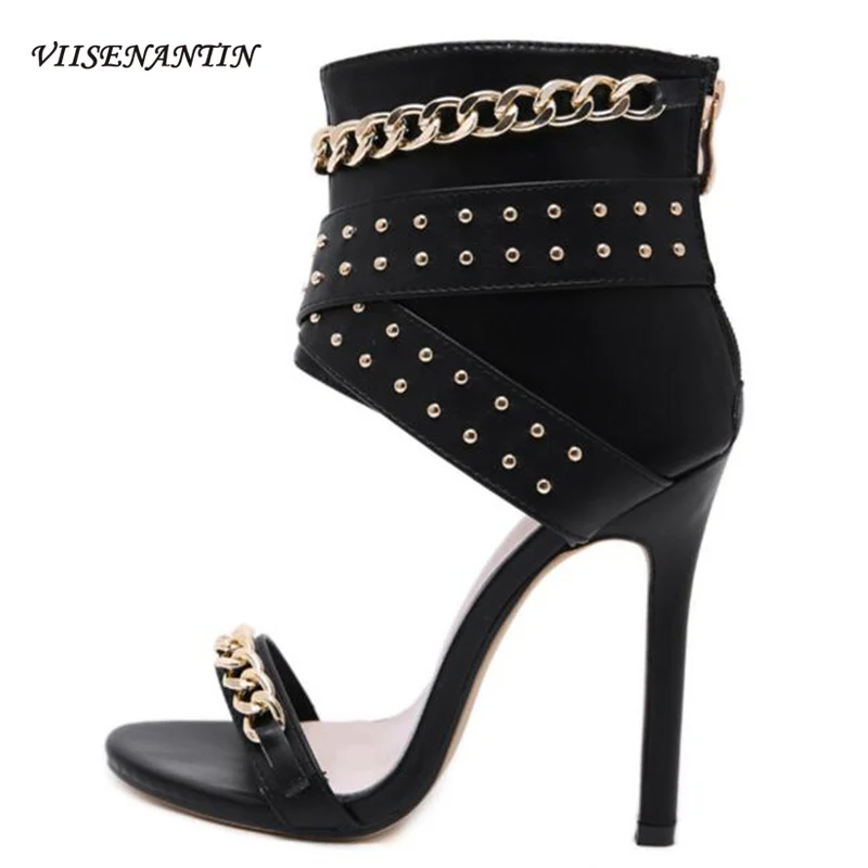 

Новинка лета, стильные модные туфли на высоком каблуке с металлическими заклепками на молнии сзади, украшение цепочкой, женские сандалии в ...
