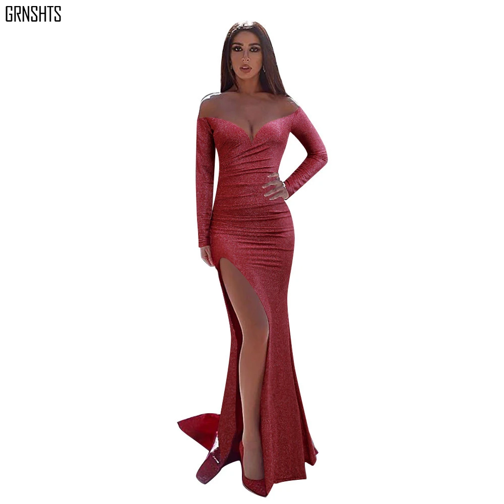 Платье макси с открытыми плечами длинным рукавом глубоким v образным вырезом