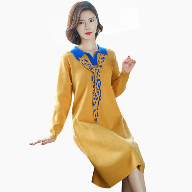 

Женское трикотажное платье-свитер, повседневное свободное платье большого размера с длинным рукавом, на осень и зиму, для женщин, с принтом ...