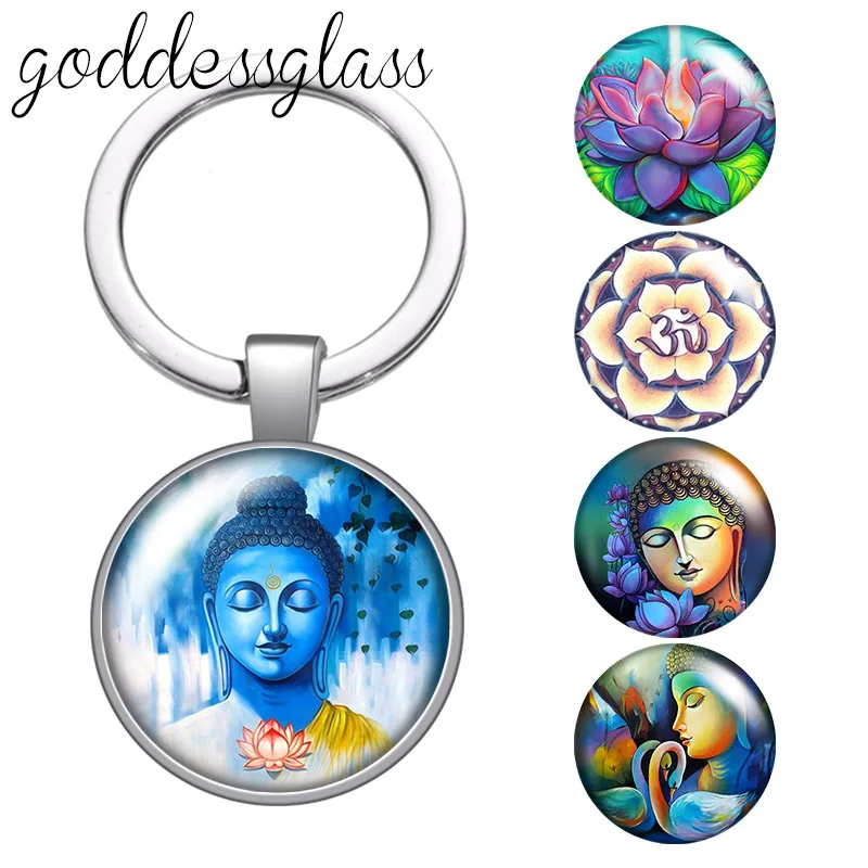 

Buddha statue religion Buddhism lotus round glass cabochon keychain Bag Car key chain Ring Holder Charms keychains Gifts