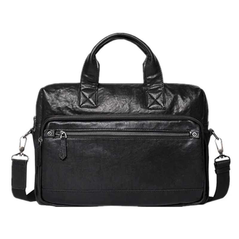 Retro fashion designer natural genuine leather men's black portable business briefcase office laptop ladies messenger bag
